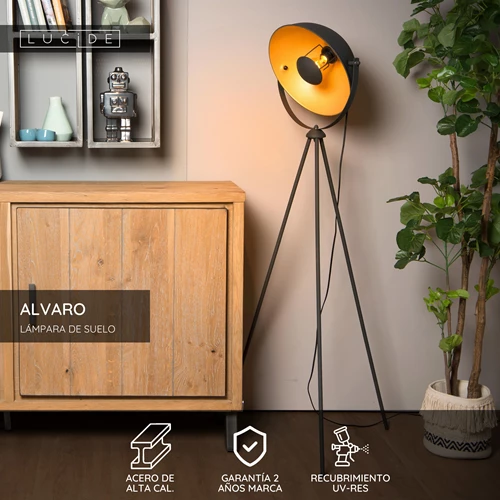 Lucide ALVARO - Lámpara de suelo - 1xE27 - Negro - USP